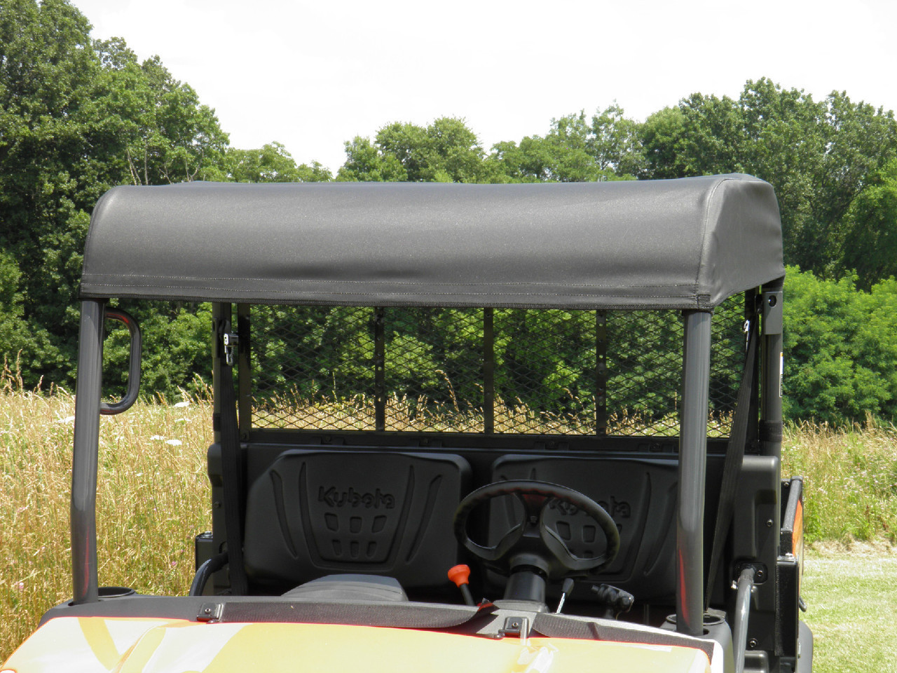 Front close-up of the 3 Star soft top roof panel stretched over the Kubota RTV X900/1120 roll cage