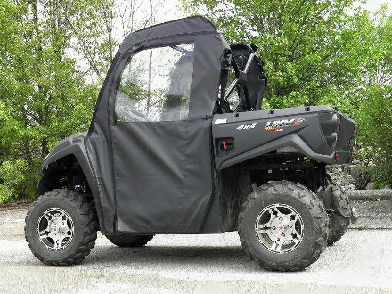 3 Star soft doors kit installed on a black Kymco 450 side-by-side, side view showing the clear door window