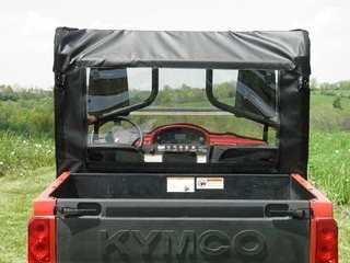3 Star soft back panel with clear window over the cargo bed of a red Kymco 500, straight rear view
