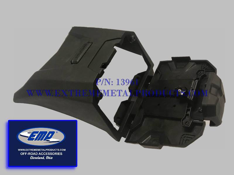 Extreme Metal Products X3 glove box lid and tablet mount bracket, two parts shown on gray