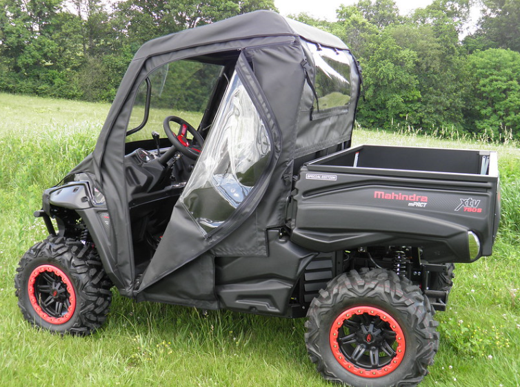 3 Star enclosure front door unzipped and folded back on a black side-by-side, front three-quarter view
