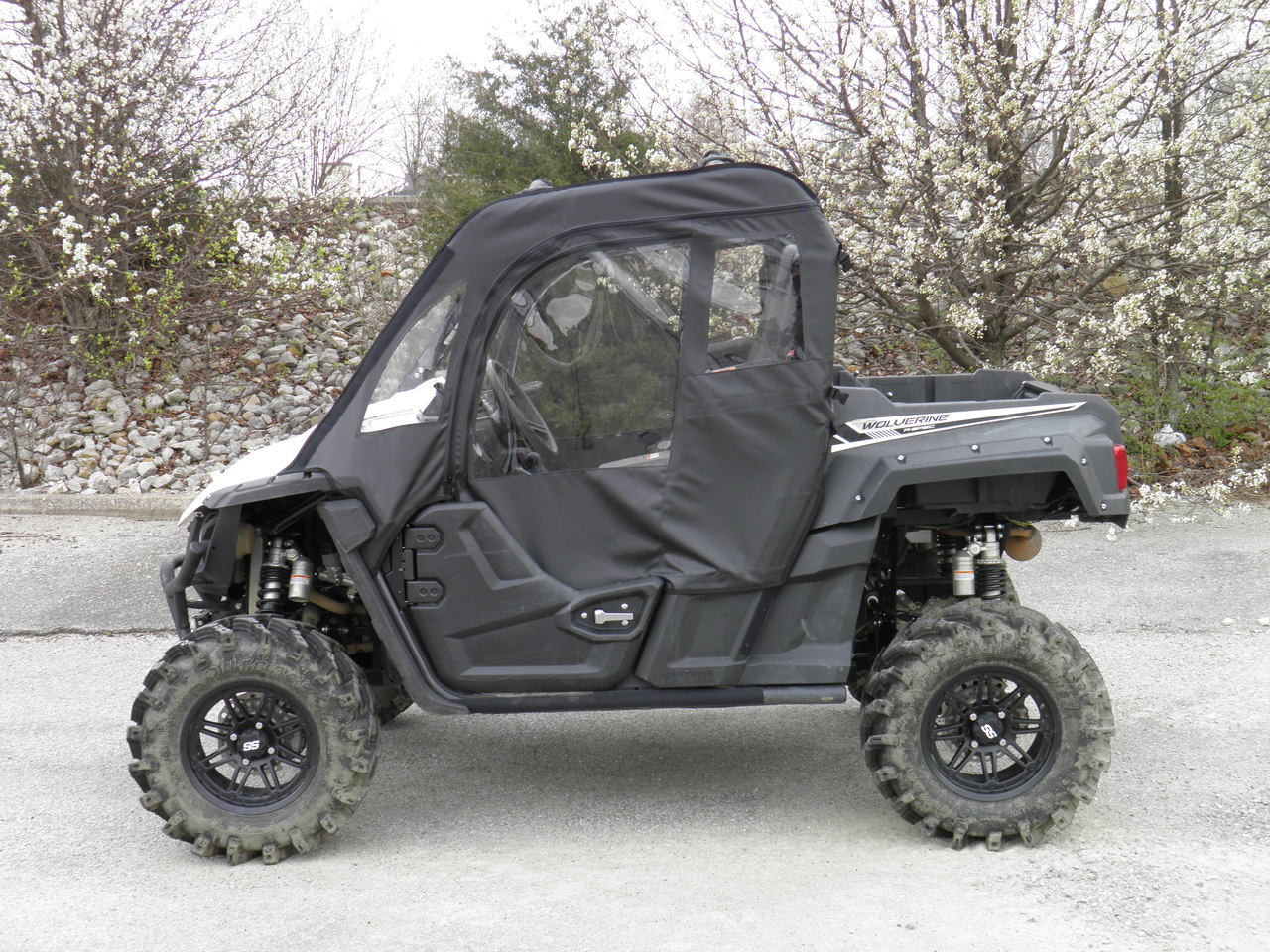 3 Star soft doors kit with clear vinyl windows installed on a gray Yamaha Wolverine, driver side profile view