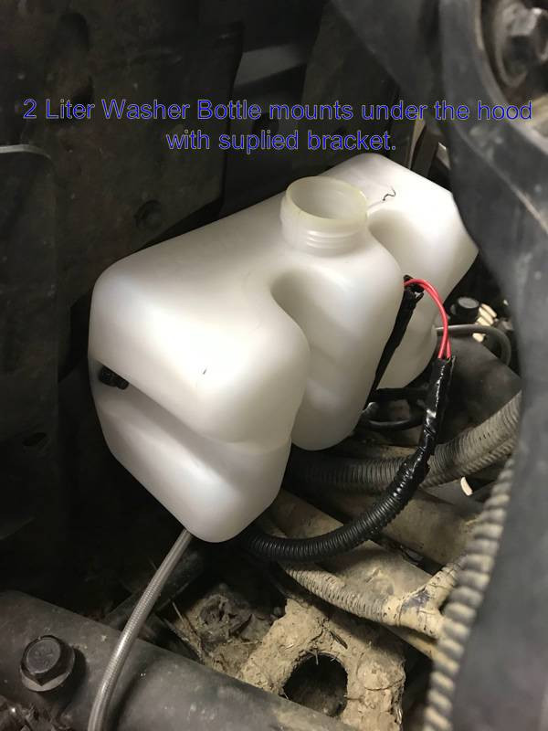 Extreme Metal Products two-liter washer bottle mounted under the X3 hood with bracket and pump hose