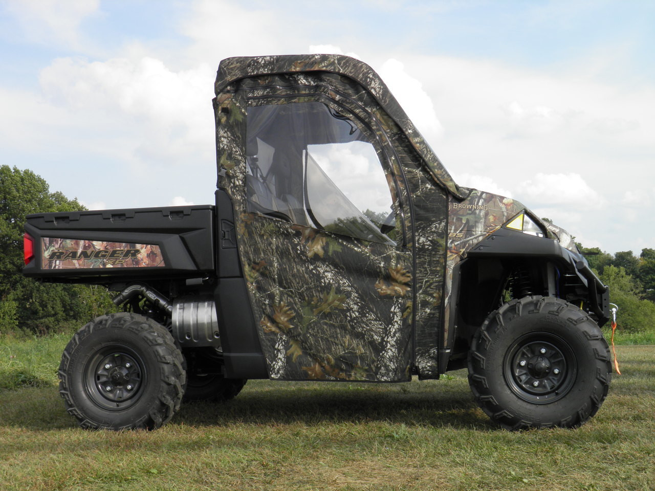 Camo color option of the 3 Star soft door on the camo Polaris Ranger XP900, passenger side view