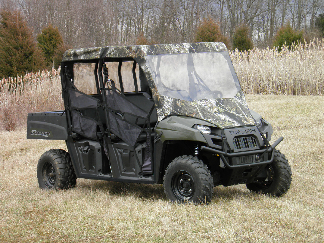 Camo 3 Star full cab enclosure on a Polaris Ranger 500/570 Crew with the side doors rolled open