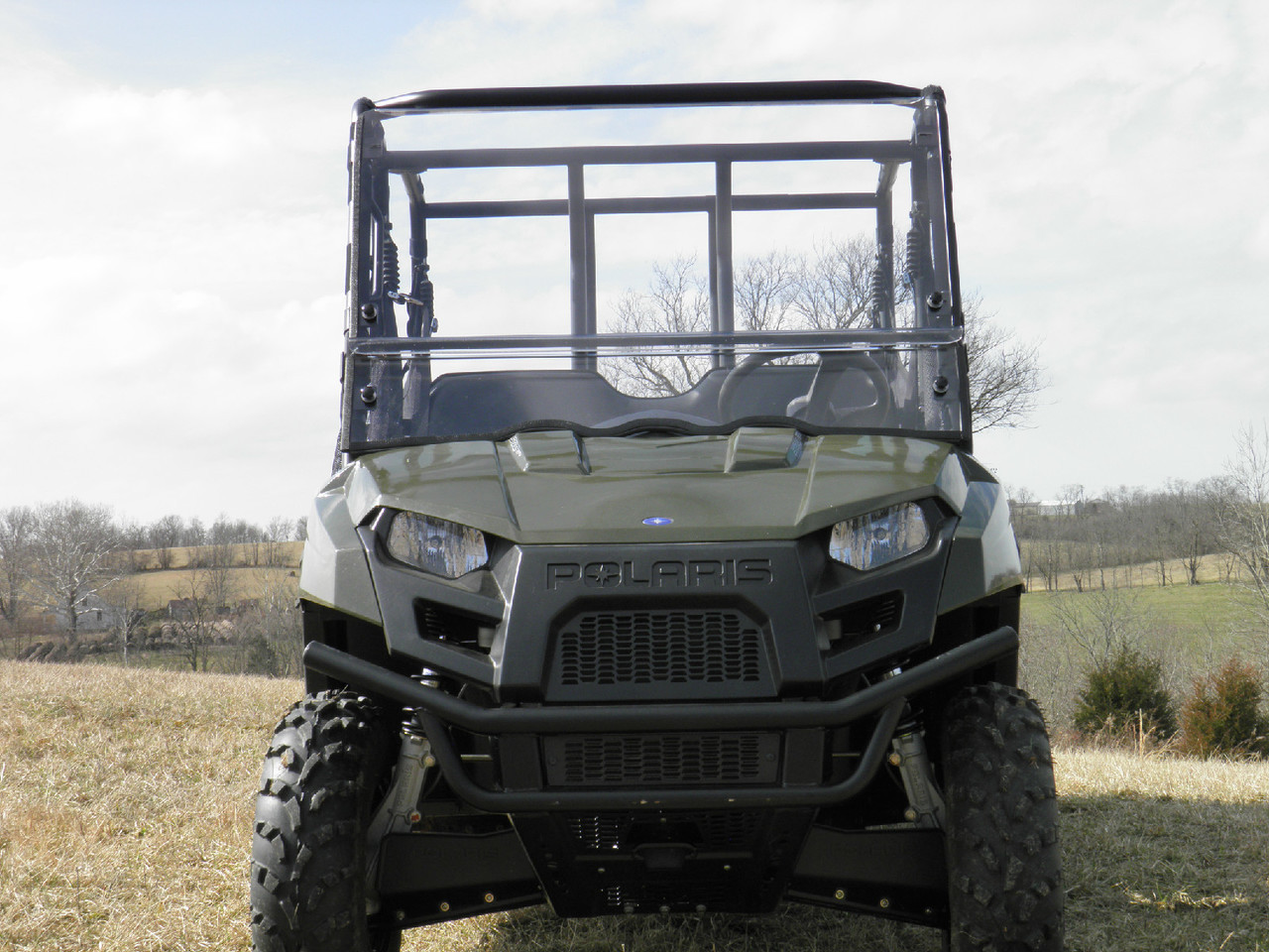 Front view of a green Polaris Ranger with the 3 Star two-piece windshield top panel tilted open