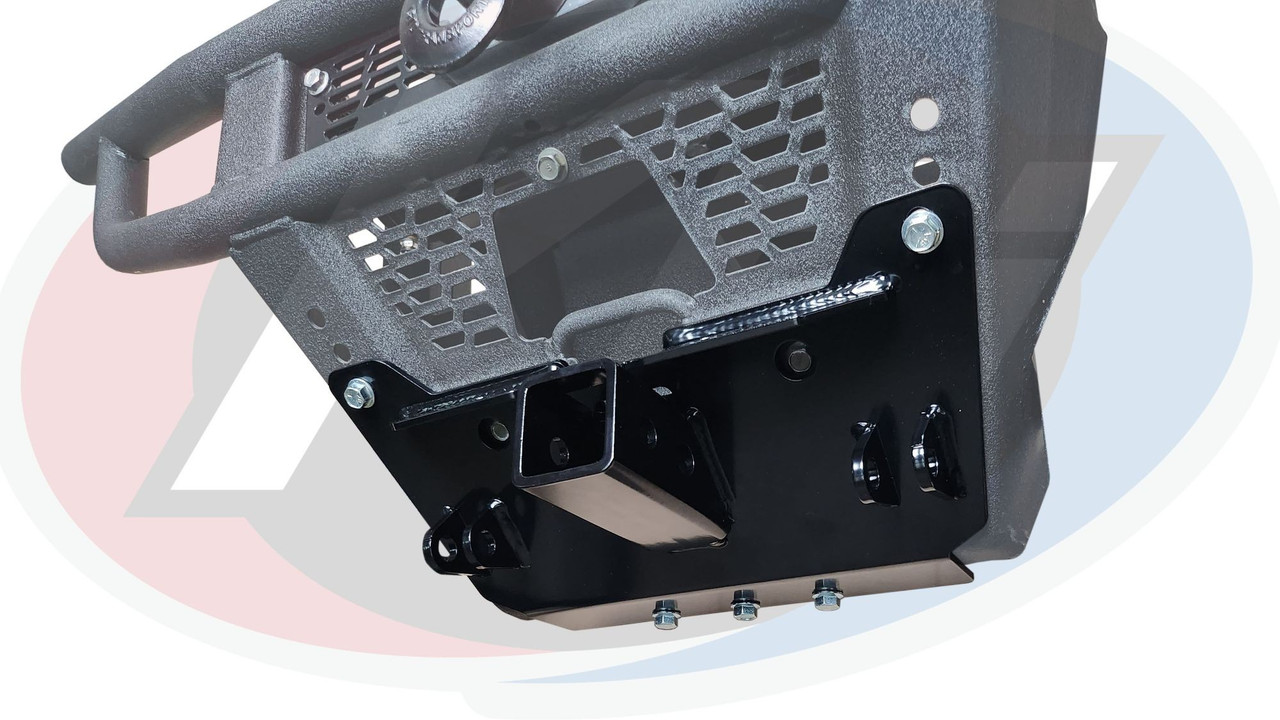 KFI Polaris Mid-Size Ranger plow mount with receiver installed under a front bumper skid plate