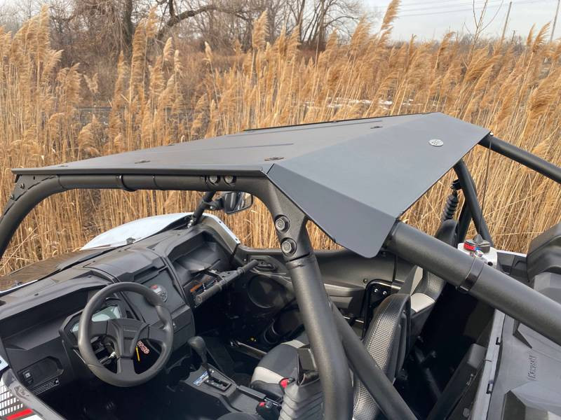 Extreme Metal Products aluminum roof installed on a Kawasaki Teryx KRX 1000, view from the passenger side