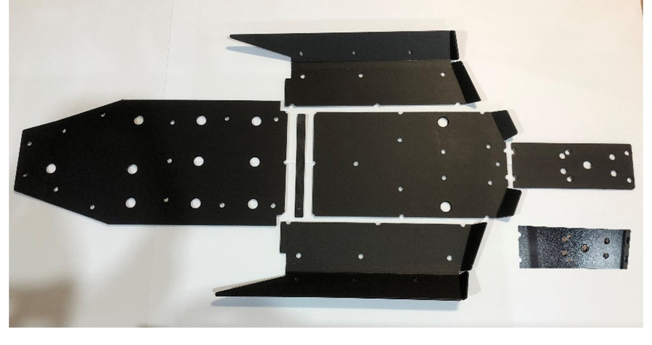 Trail Armor black full skid plate kit with integrated slider nerfs for the Kawasaki Teryx KRX, laid flat on white