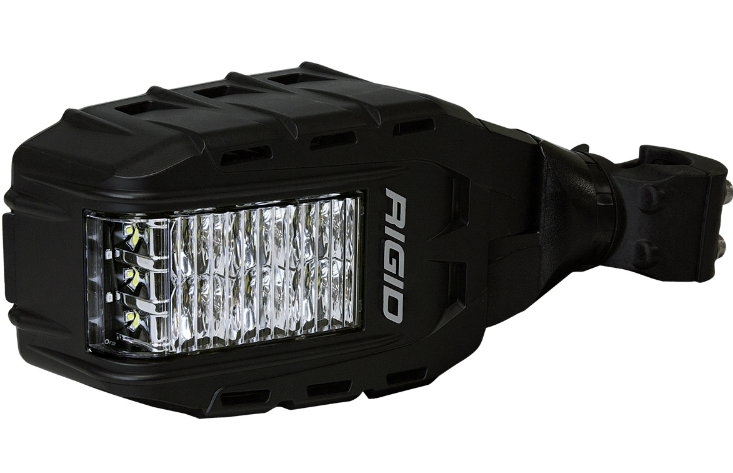 Wiedmann Bros Rigid Reflect LED light side mirror, black housing with the LED light face forward and tube clamp mount