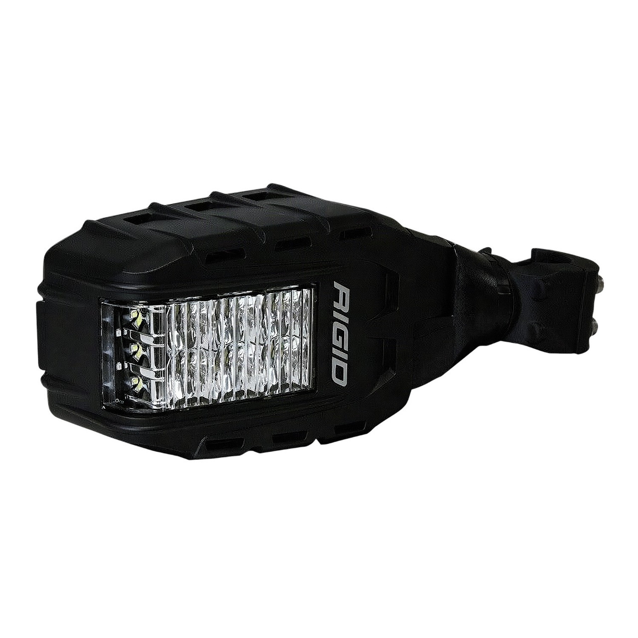 Wiedmann Bros Rigid Reflect LED light side mirror, black housing with the LED light face forward and tube clamp mount