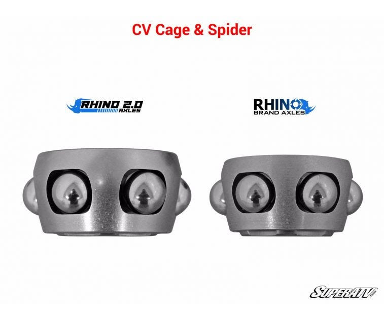 Side view comparing the SuperATV Rhino 2.0 CV cage and spider against the Rhino brand cage