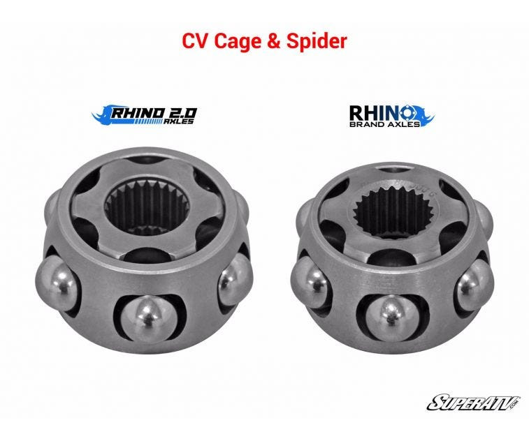 SuperATV Rhino 2.0 CV cage and spider compared with the standard Rhino axle joint, angled view