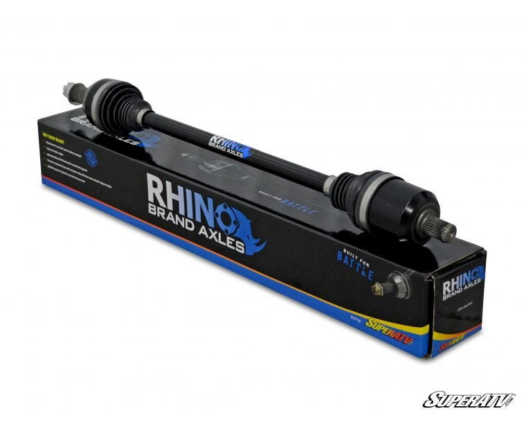 SuperATV Rhino axle for the Can-Am Renegade Gen 2 with 6-inch lift, shown on top of its black and blue box