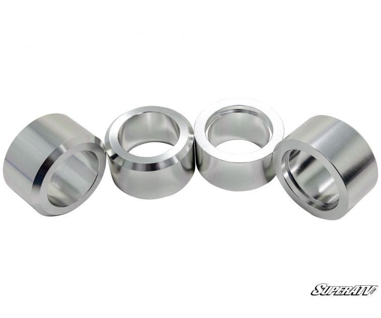 SuperATV Can-Am Maverick Sport 3-inch lift kit, four machined aluminum spring spacers on a white background