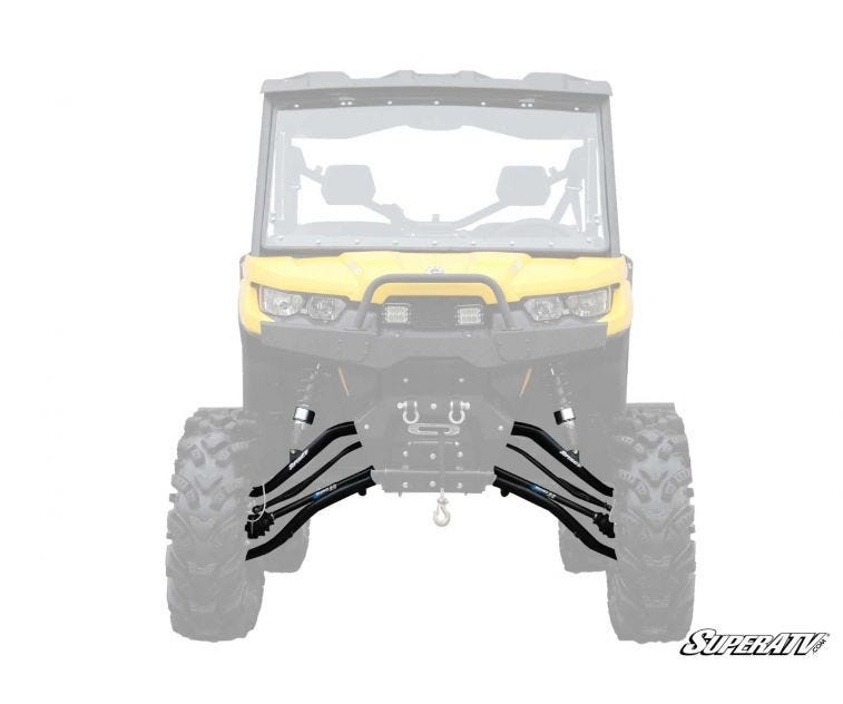 Ghosted front rendering of a Can-Am Defender highlighting the black SuperATV lift kit A-arms and axles