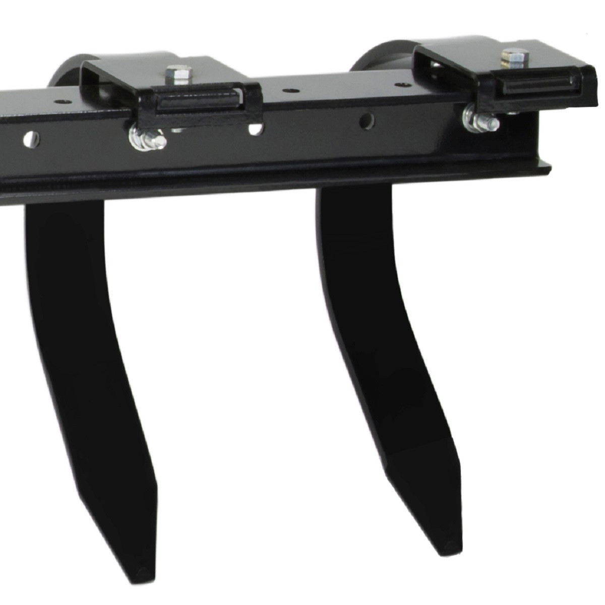 Moto Alliance IMPACT Pro cultivator close-up showing two curved black shanks on the tool bar