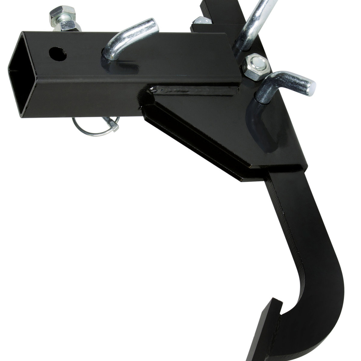 Close-up of the Moto Alliance IMPACT middle buster shank pinned to a receiver tube with U-bolts