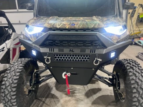 No Limit Gen 2 front bumper on a camouflage Polaris Ranger with winch hook, LED pods and D-ring shackles