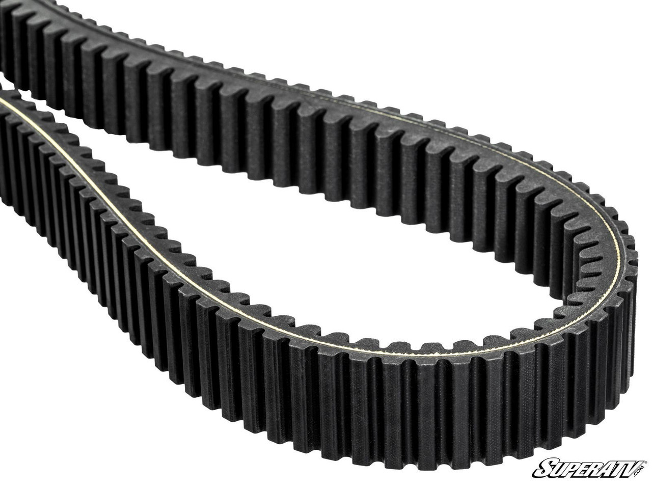SuperATV Can-Am Defender CVT drive belt, looped section showing the belt width and toothed underside