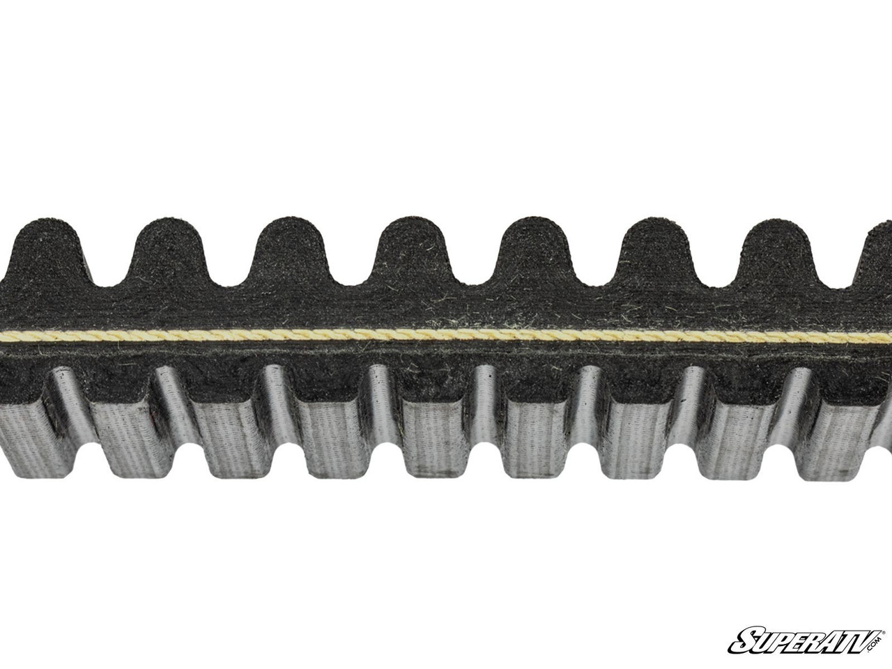 SuperATV Can-Am Defender CVT drive belt, cross-section close-up of the cogs and the yellow cord line