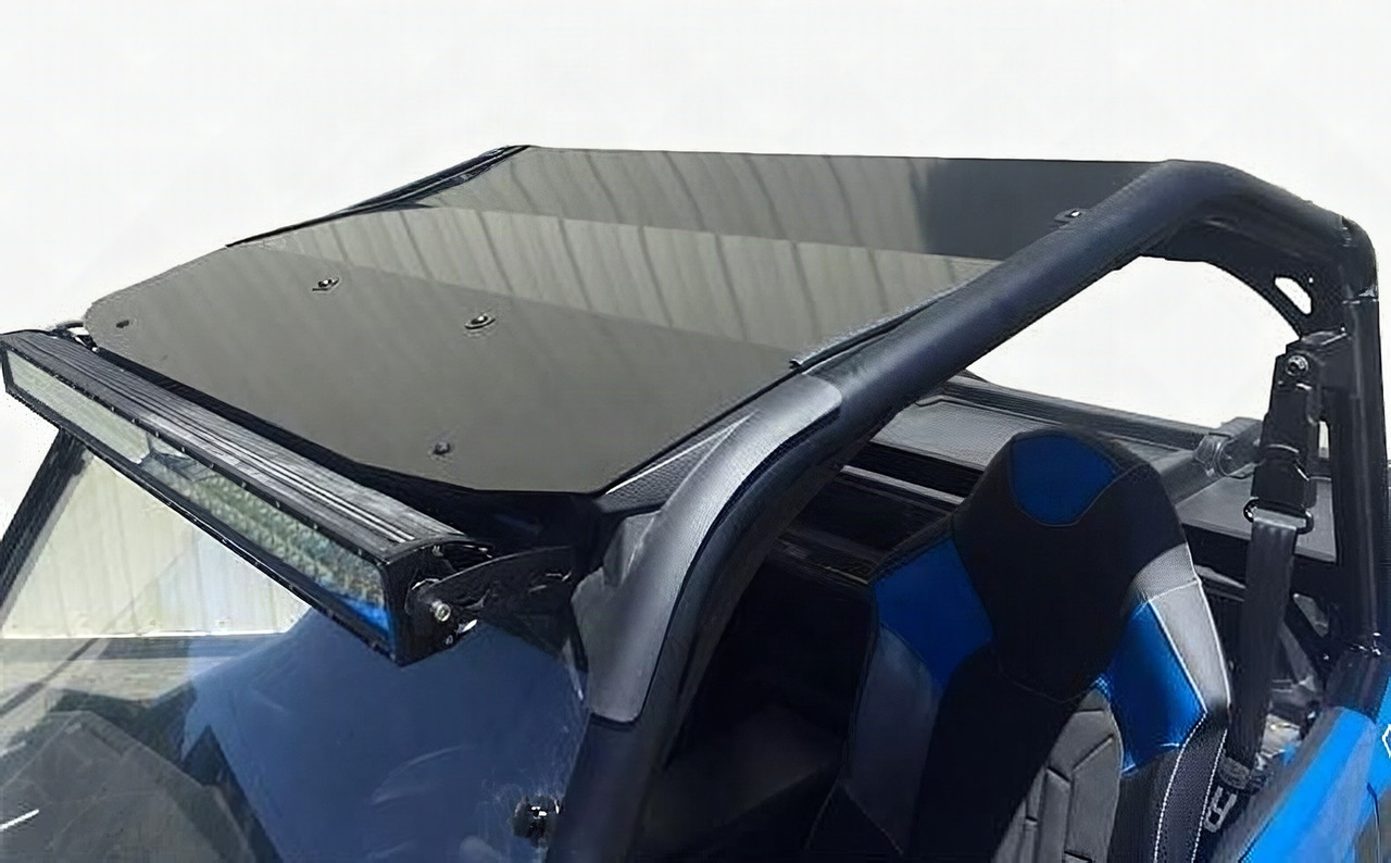 Extreme Metal Products black aluminum top on a blue Polaris General 1000 with an LED light bar under the front edge