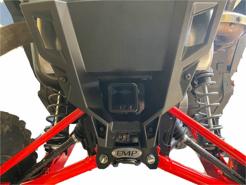 Straight rear view of the Extreme Metal Products receiver hitch centered under the RZR Pro XP bumper between the shocks