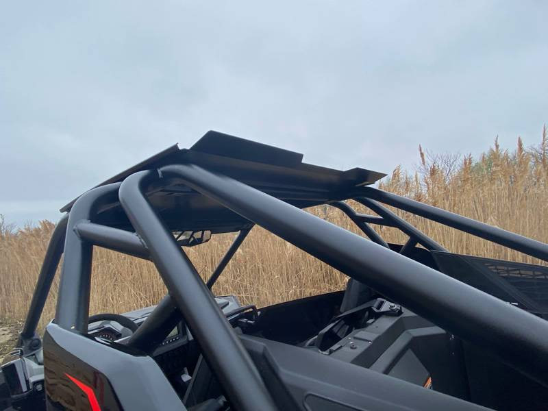 Rear view of the Extreme Metal Products aluminum roof on a Polaris RZR Pro XP cage from the bed