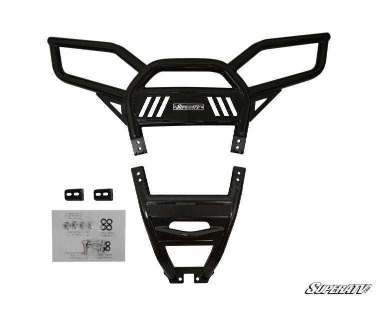 SuperATV black tubular rear bumper for the Polaris RZR 1000 S with mounting brackets and hardware on white