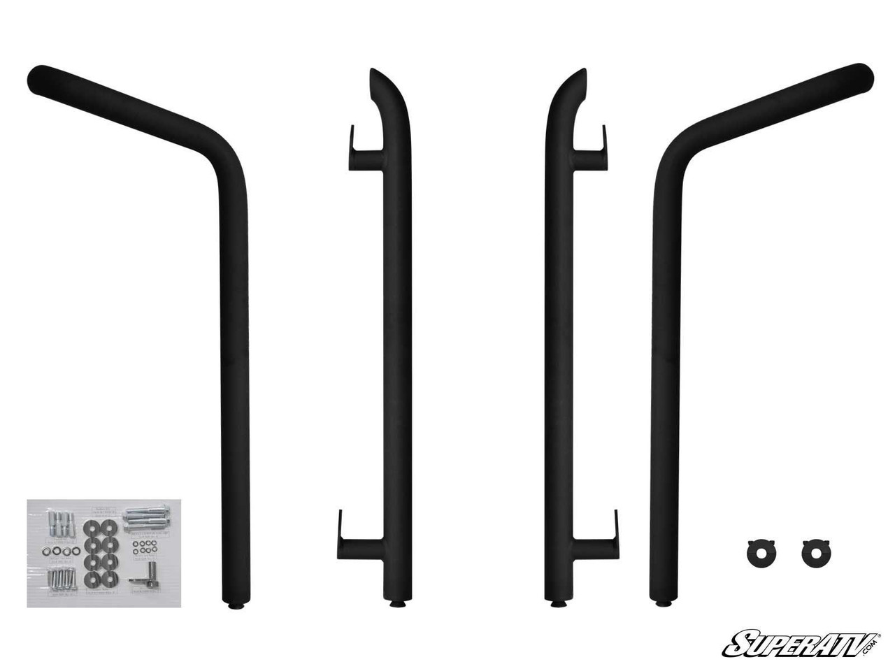 SuperATV rock sliding nerf bar uprights and mounting legs for the Polaris RZR XP 4 Turbo S with hardware on white