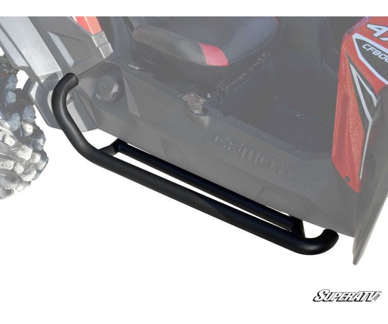 SuperATV heavy-duty nerf bar installed under the door of a red CFMoto ZForce, grayed background close-up