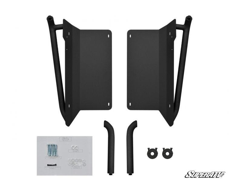 SuperATV heavy duty nerf bars for Yamaha YXZ laid out with hardware bag, brackets and tube caps