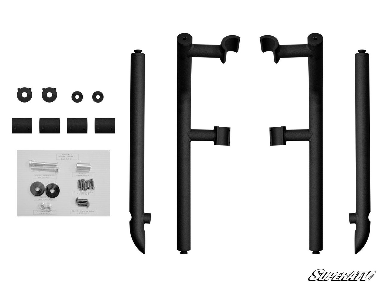 SuperATV Kawasaki Teryx 4 heavy duty nerf bar kit laid out with both bars, clamps and hardware bag
