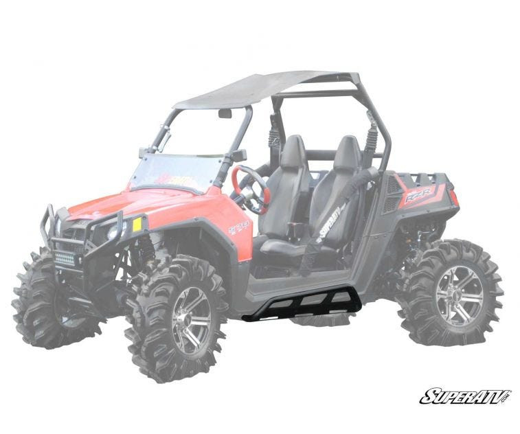 SuperATV rock sliding nerf bars shown in black on a grayed-out red Polaris RZR, side view rendering