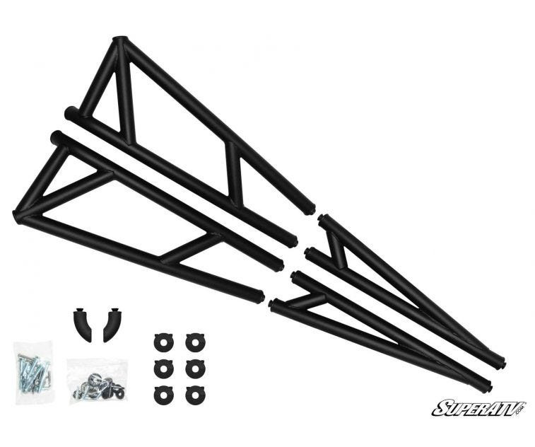 SuperATV nerf bars kit laid out: two black tube nerf bars with brackets, end caps and hardware on white