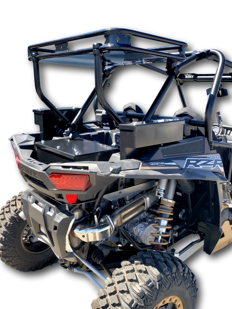 Rear corner view of the Hi-Standard rear cargo rack on a Polaris RZR, frame rising above the bed boxes