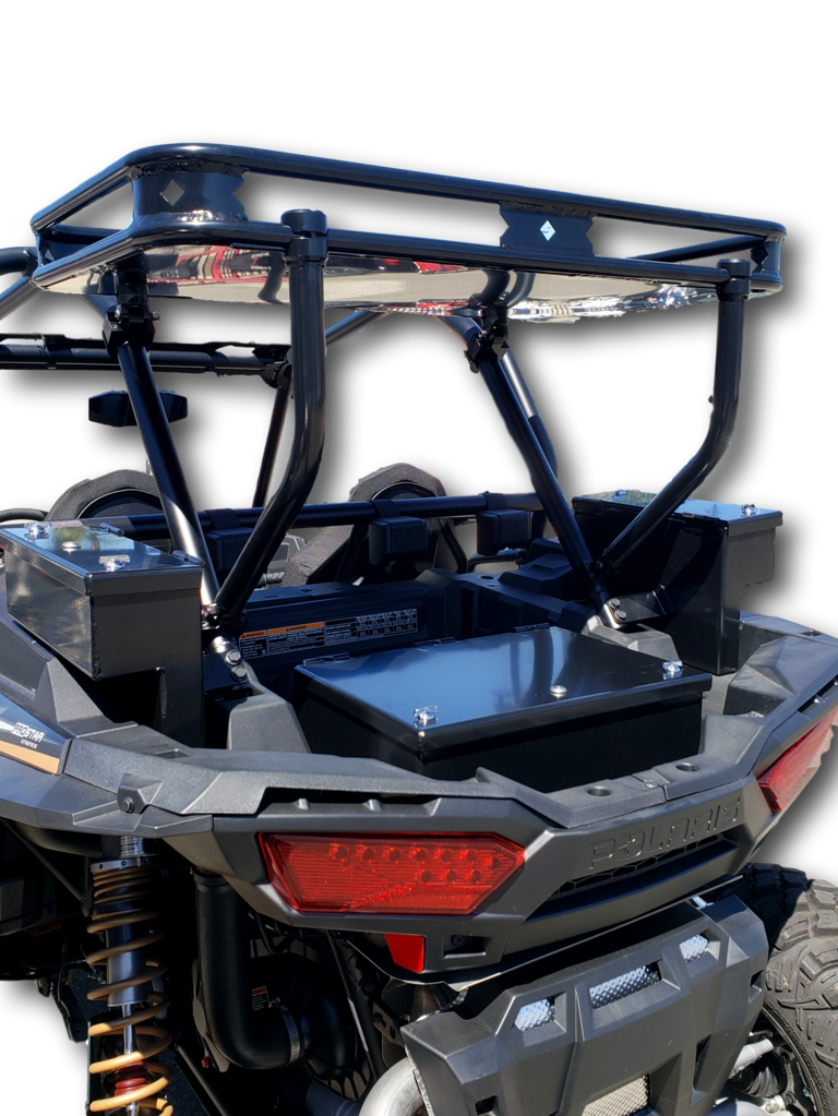 Hi-Standard Polaris RZR rear cargo rack basket over the bed with side storage boxes, rear view