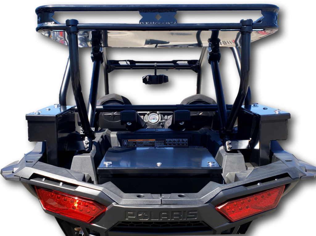 Straight-on rear view of the Hi-Standard rear cargo rack mounted over the bed of a Polaris RZR
