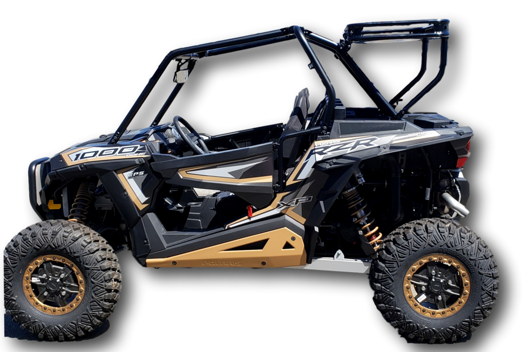 Side profile of a Polaris RZR with the Hi-Standard rear cargo rack mounted behind the cab