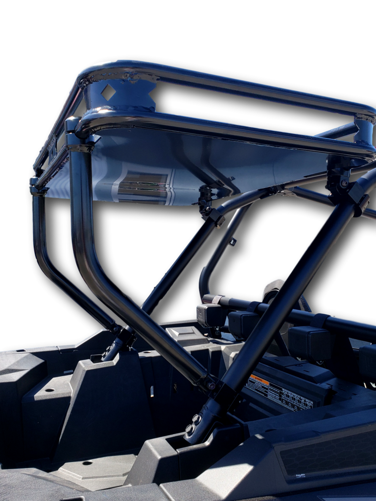 Close-up of the Hi-Standard rear cargo rack tube frame and diamond cutout on a Polaris RZR