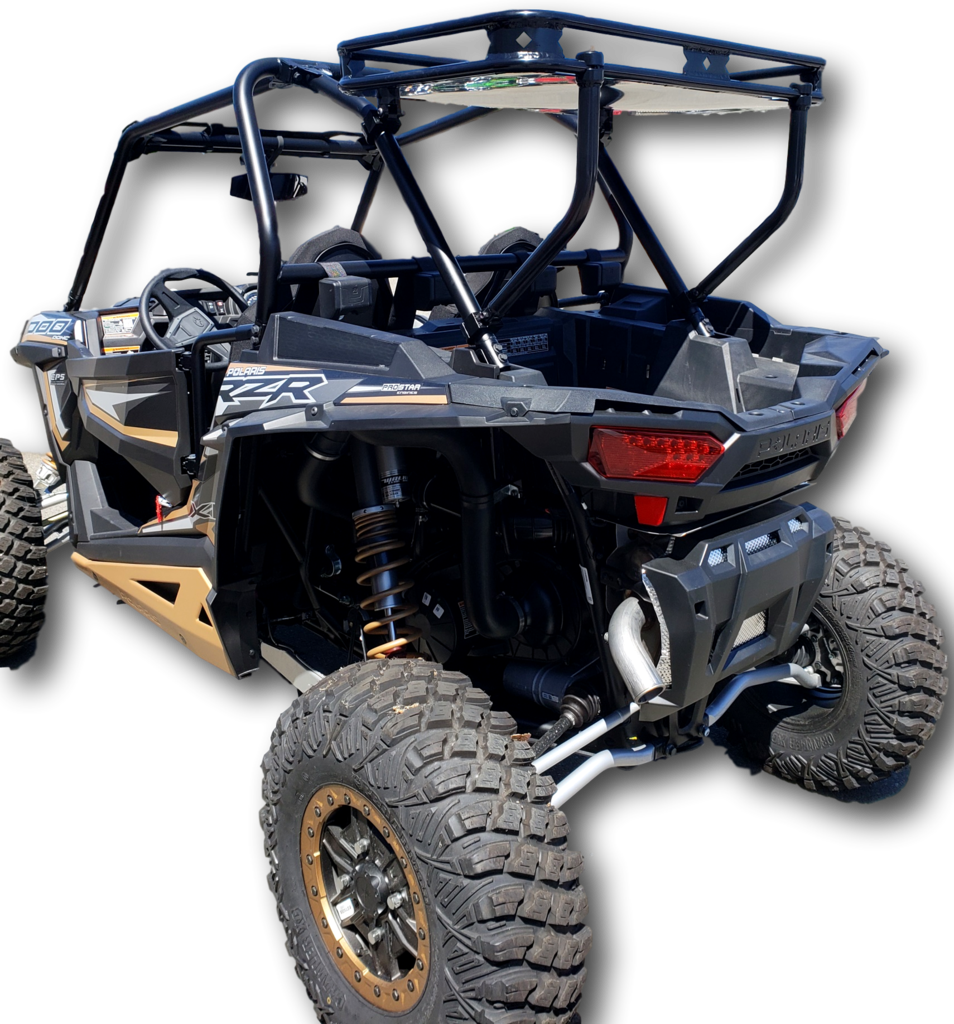 Rear three-quarter view of the Hi-Standard Polaris RZR cargo rack showing the basket rail and legs