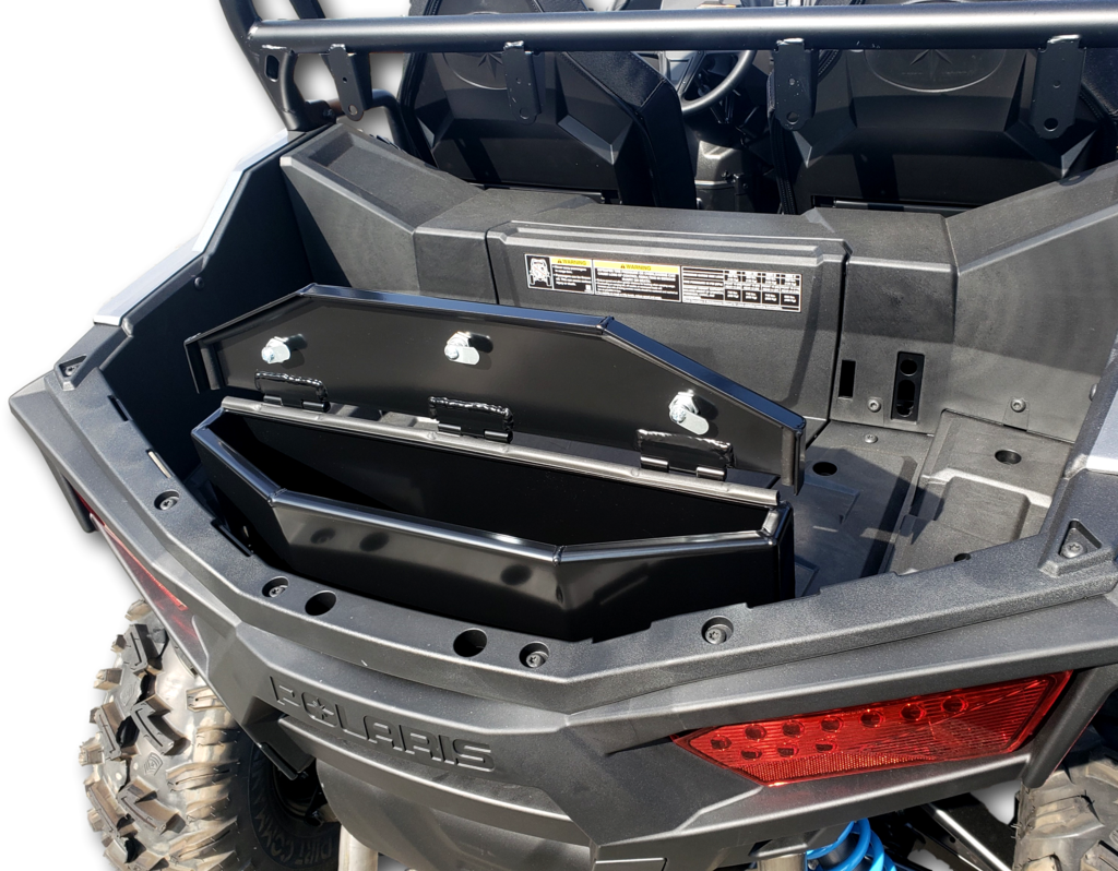 Hi-Standard black steel rear cargo storage box with lid open in the bed of a Polaris RZR 900/1000S, rear view