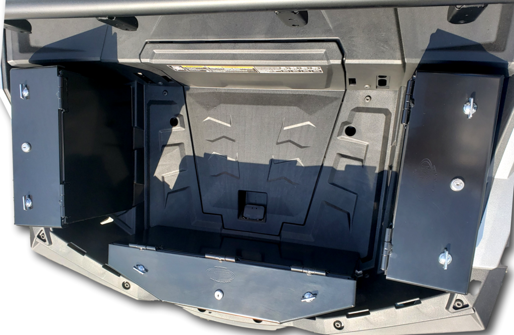 Looking down into the Polaris RZR rear cargo bed with the Hi-Standard box side brackets bolted in place