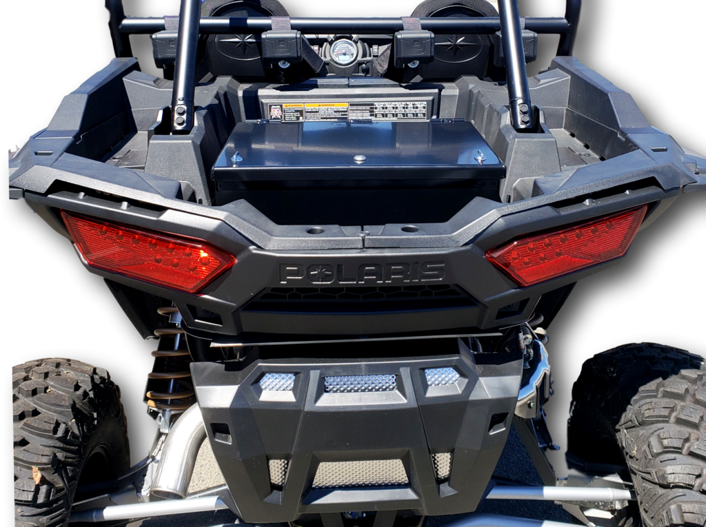 Rear view of the Polaris side-by-side with the Hi-Standard cargo security box mounted in the bed above the taillights