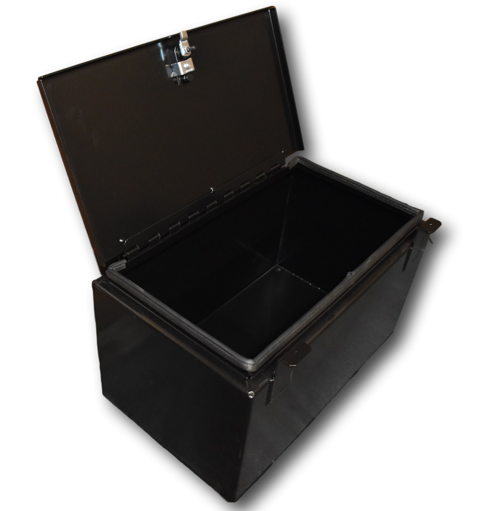 Hi-Standard under seat lockable storage box for the Kawasaki Mule Pro FX with lid open, on black