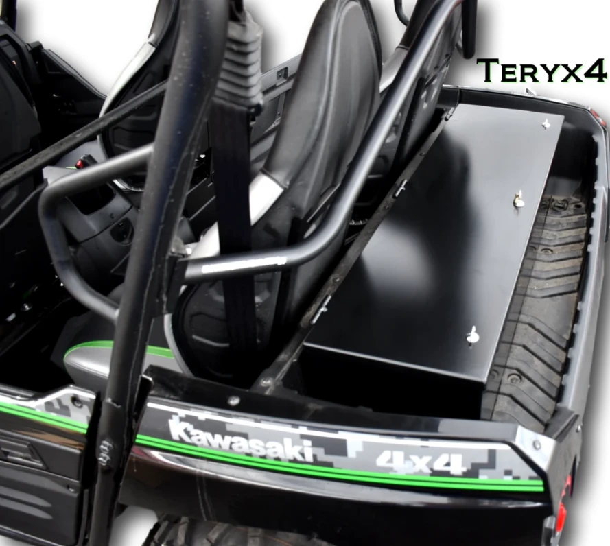 Hi-Standard black lockable storage box mounted in the rear cargo bed of a black Kawasaki Teryx behind the rear seats