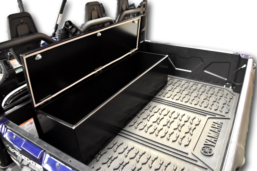 Hi-Standard lockable rear cargo storage box mounted centered in the bed of a blue Yamaha Viking, lid open