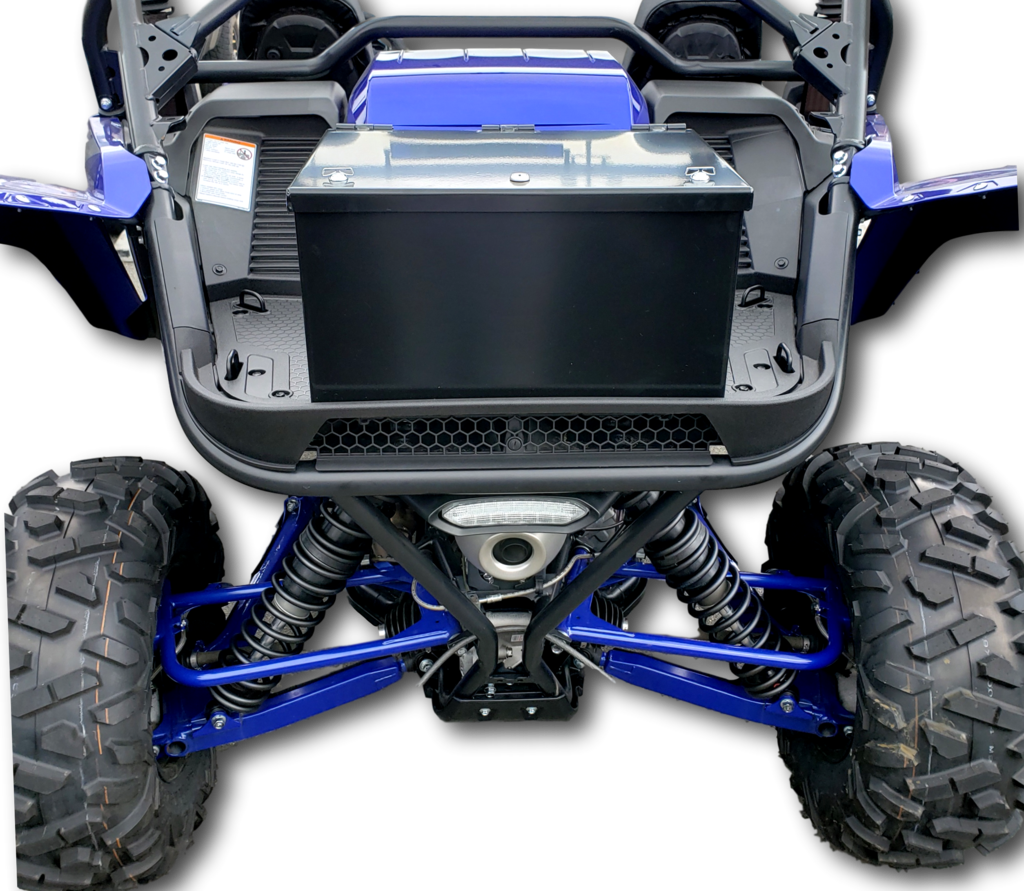 Hi-Standard rear cargo storage security box mounted on the back of a blue Yamaha YXZ 1000, straight rear view