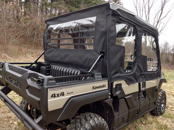 Side X Side rear window with clear vinyl installed on a Kawasaki Mule Pro FXT, rear view over the cargo bed
