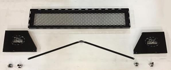 Trail Armor Defender rear basket parts laid out: mesh front panel, two side plates, brace bar and hardware